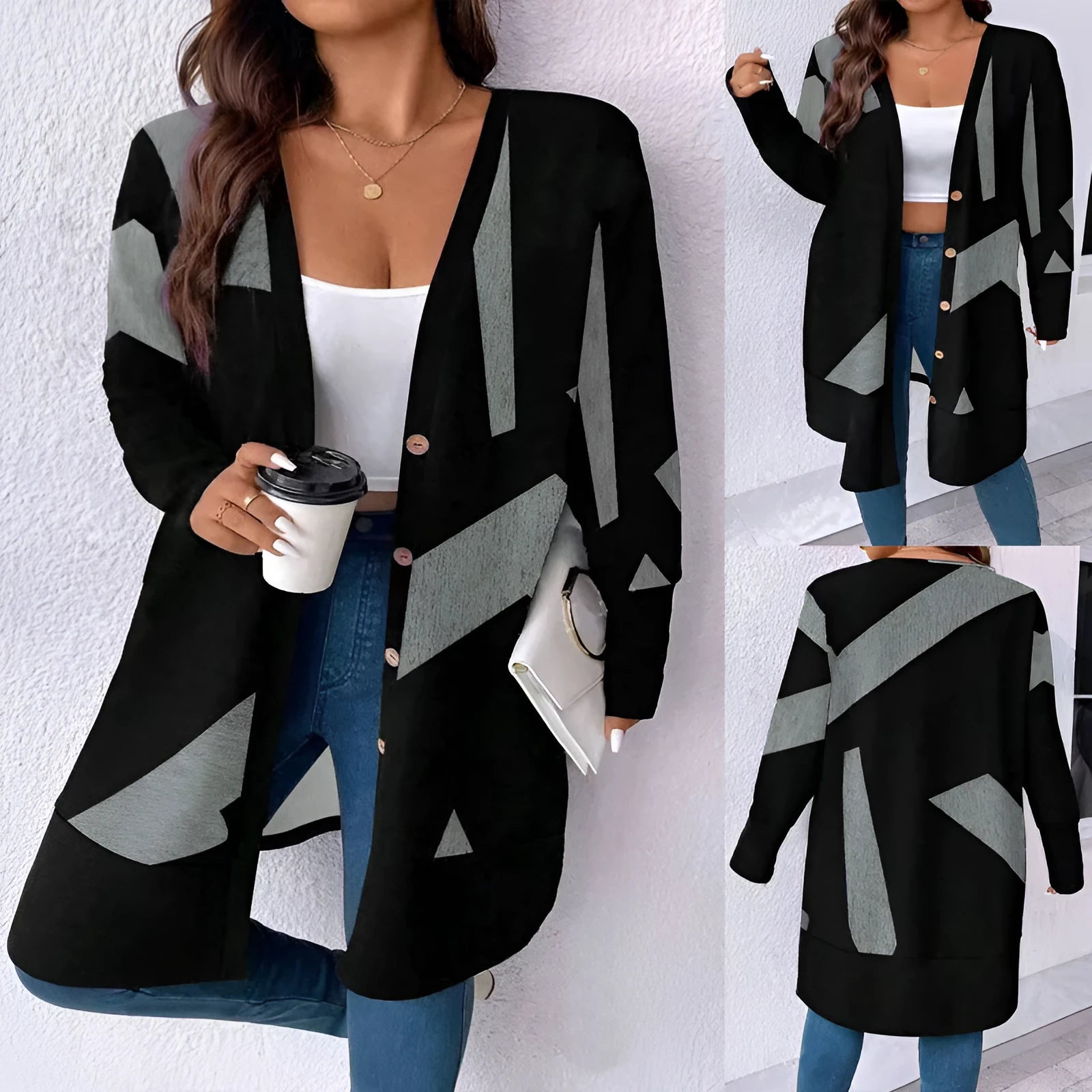 Black plus size loose fit cardigan coat with button stitching and printed details in Japanese Korean style