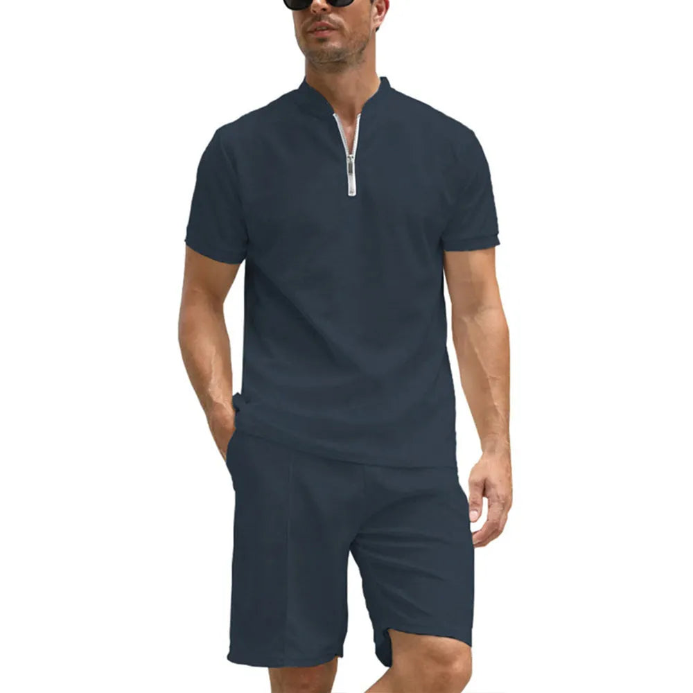 Men's solid colour polo shirt and trouser two-piece set in beaded bird's eye polyester fabric