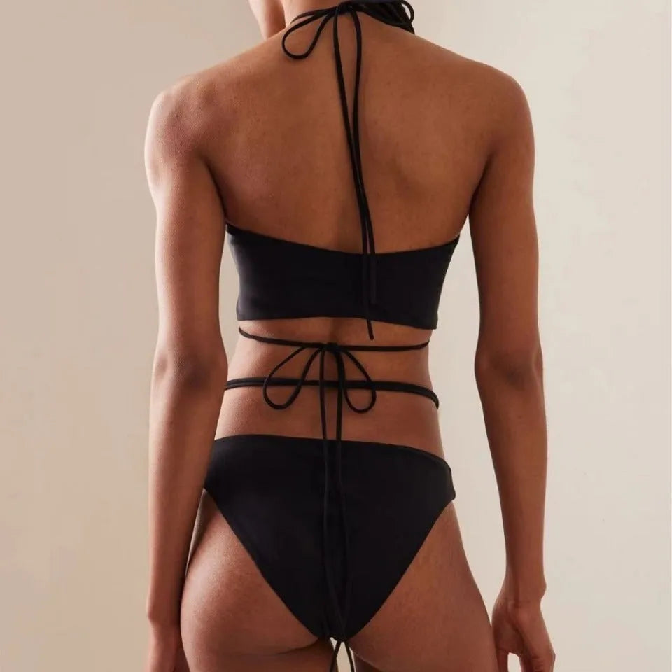 Women's black lace-up front bikini swimsuit with separate bra and shorts