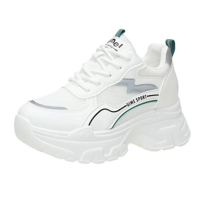 Women's white breathable dad shoes with lace-up front and cross shoulder strap on a rubber sole.