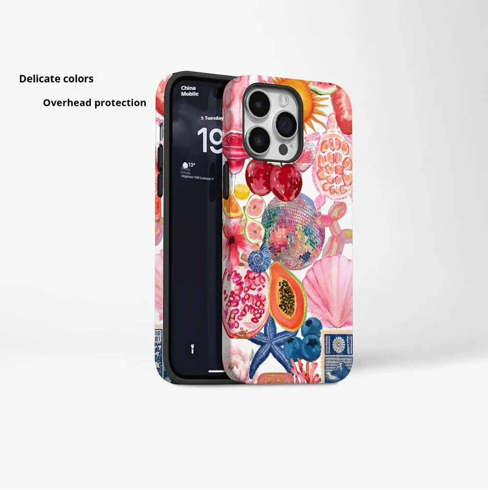 Marine bio printed double-layer film shell phone case in glossy white with shockproof and anti-fall protection for iPhone