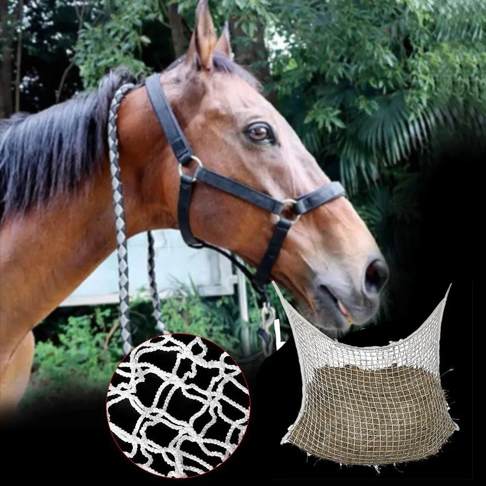 Black woven PE rope grid feeding bag hanging, sized for a horse.