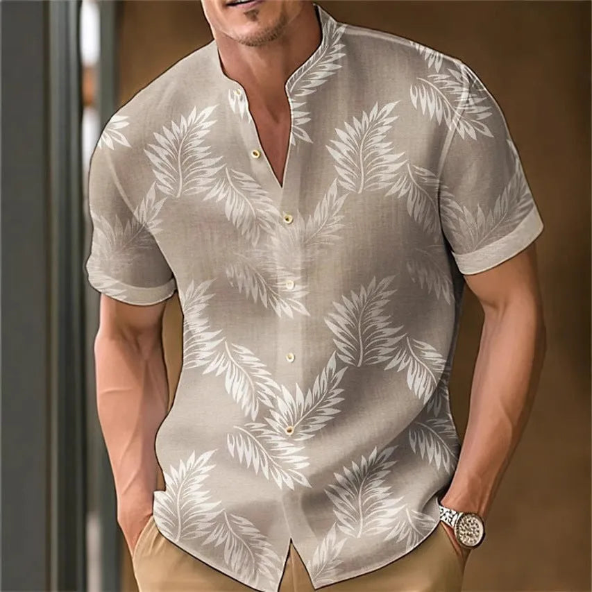Men's printed casual polyester shirt on a hanger, showing one of the available colour options.