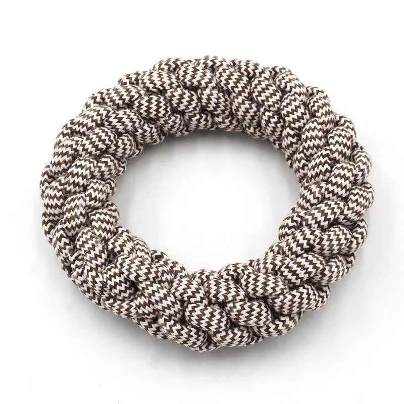 Cotton braided ring dog toy measuring approximately 18cm with knot construction