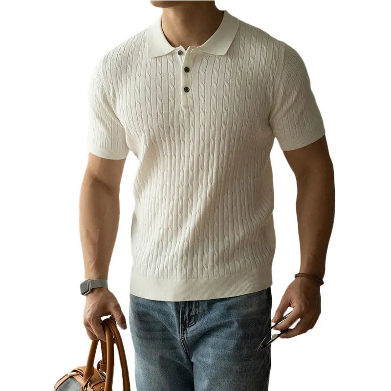 Man's short-sleeve business top in khaki, black, or white, featuring a mixed fabric blend for office wear.