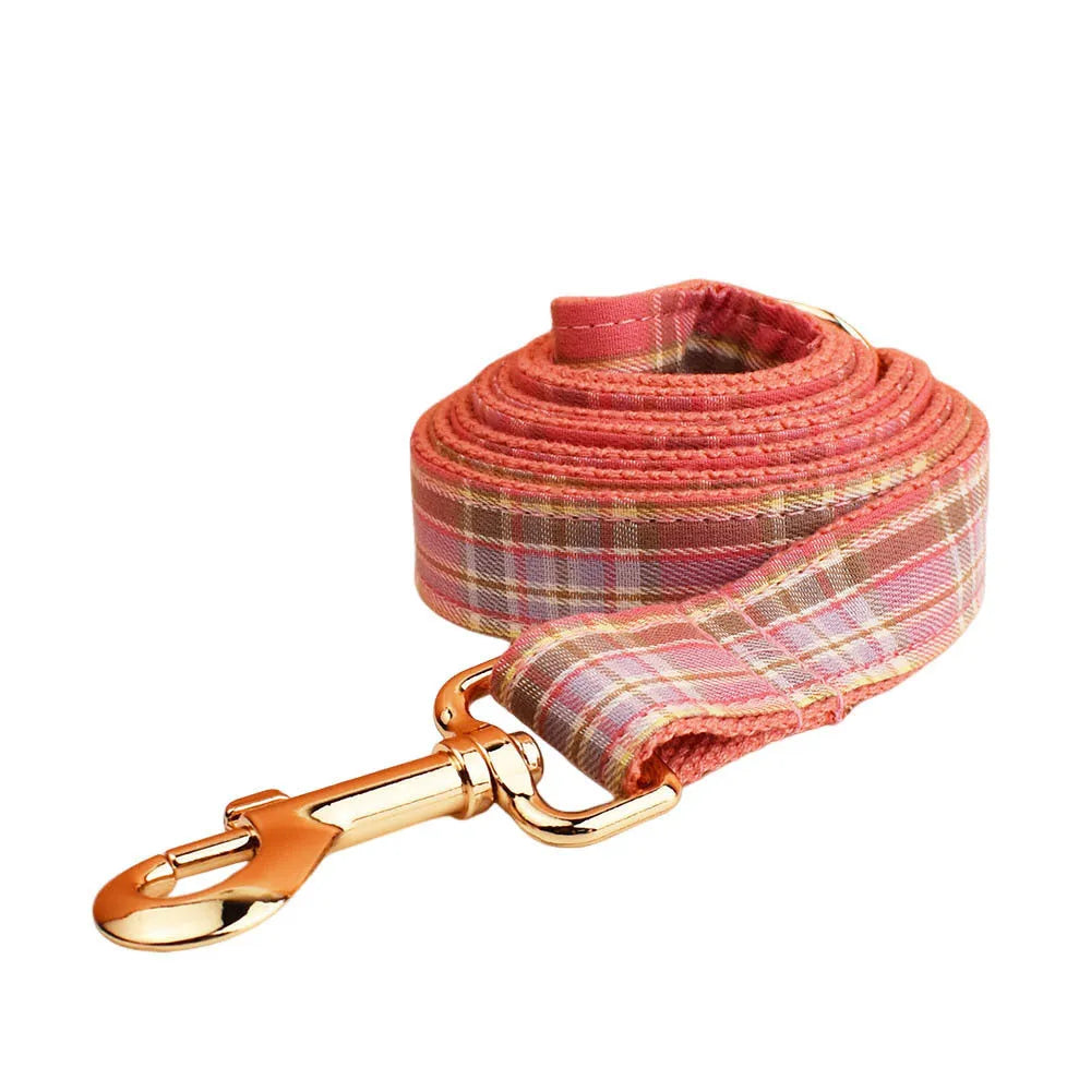 Plaid dog collar and leash set with bow and vest accessories in adjustable sizes