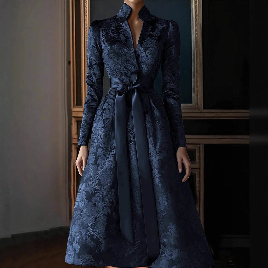 Solid colour long sleeve satin party dress with high waist and stand collar midi length