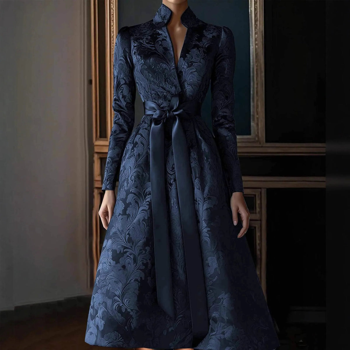 Solid colour long sleeve satin party dress with high waist and stand collar midi length