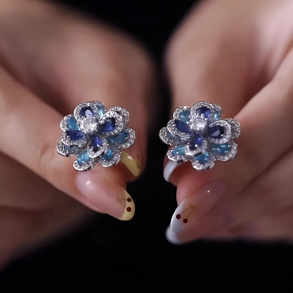 Blue flower stud earrings for women with shiny diamond detailing and zinc alloy electroplated construction
