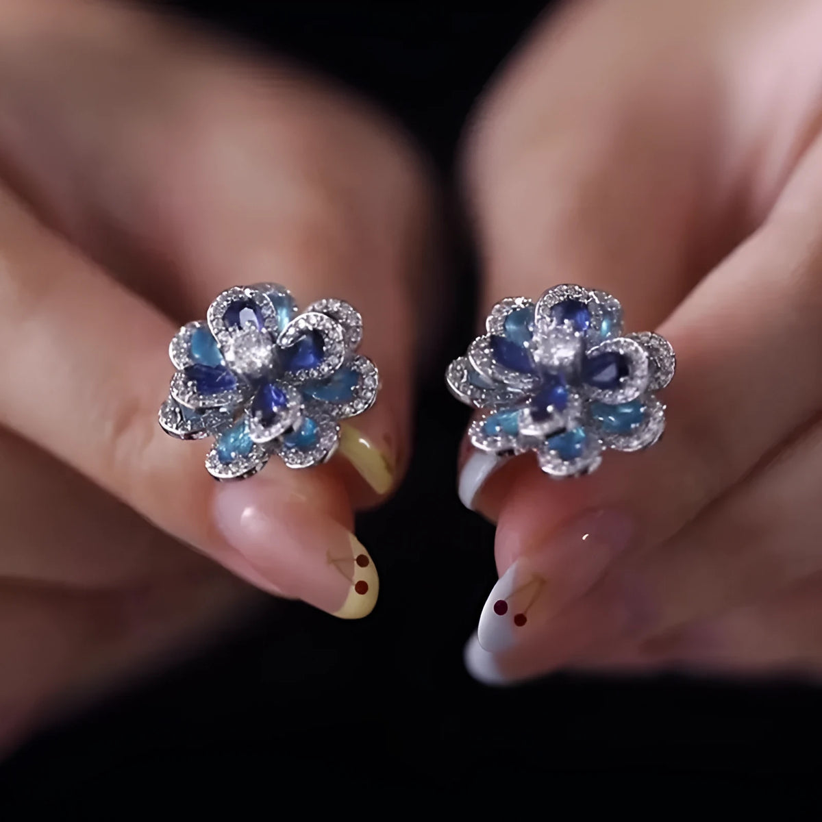 Blue flower stud earrings for women with shiny diamond detailing and zinc alloy electroplated construction