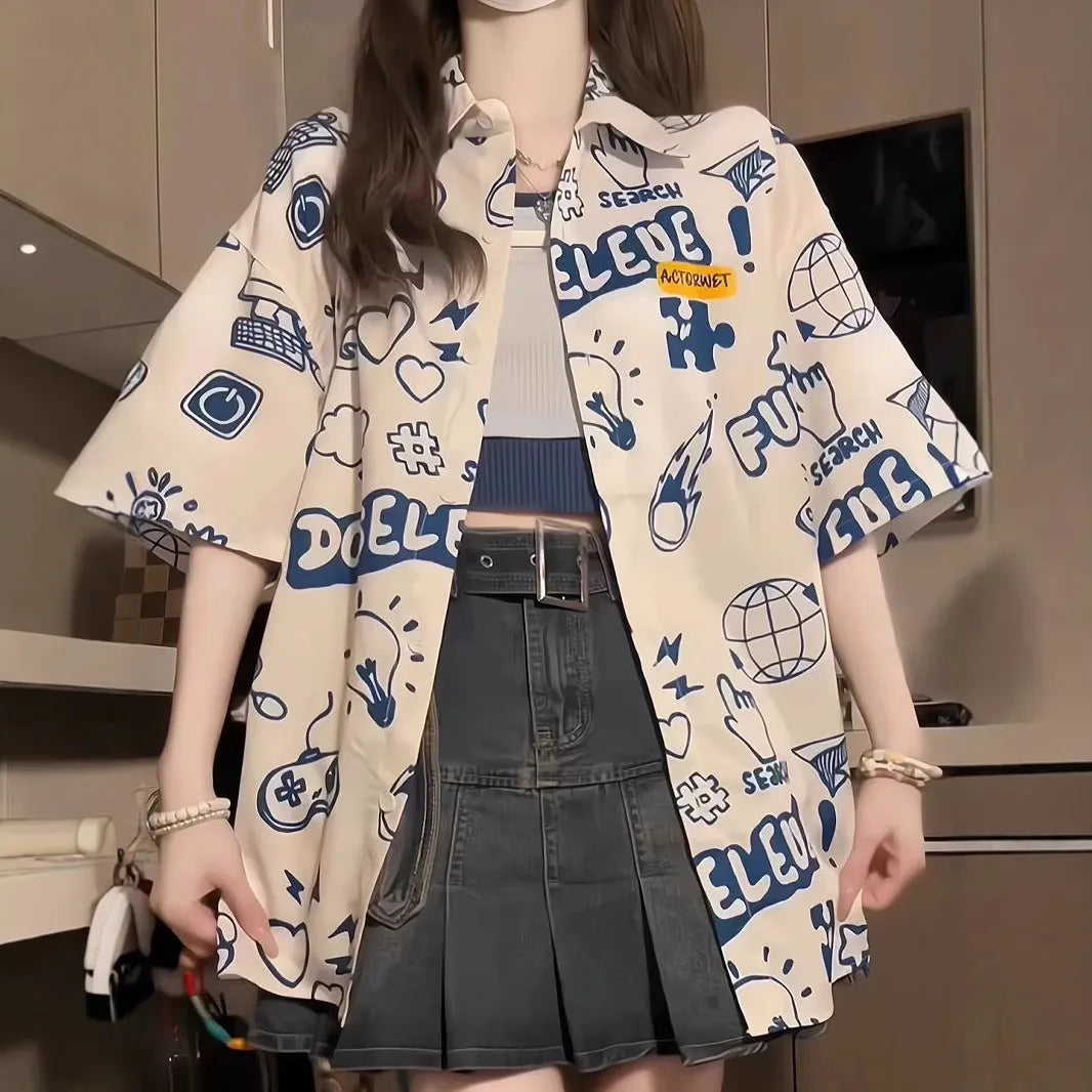 Student loose fit polyester shirt with cartoon animation print in dark blue video game graffiti design