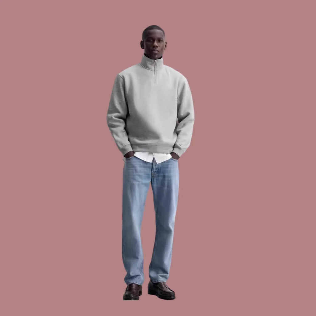 Grey half zip stand collar cotton sweater with long sleeves and grinding finish