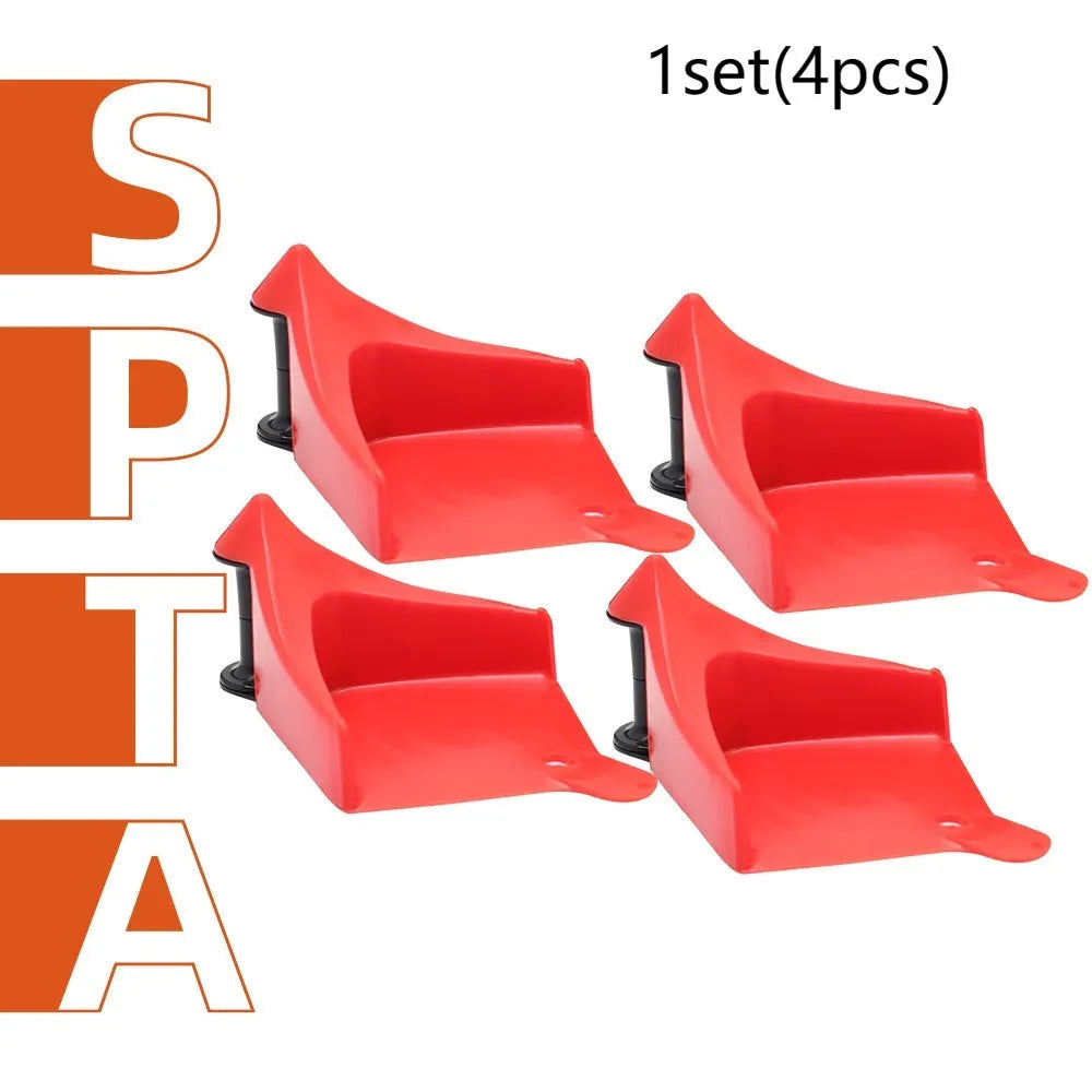 Four red plastic triangular car parking blocks with non-slip rubber surfaces for tyre security