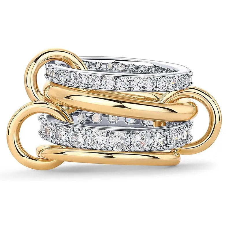 Women's handmade multi-layer silver diamond ring in copper and zirconia, side view on neutral background