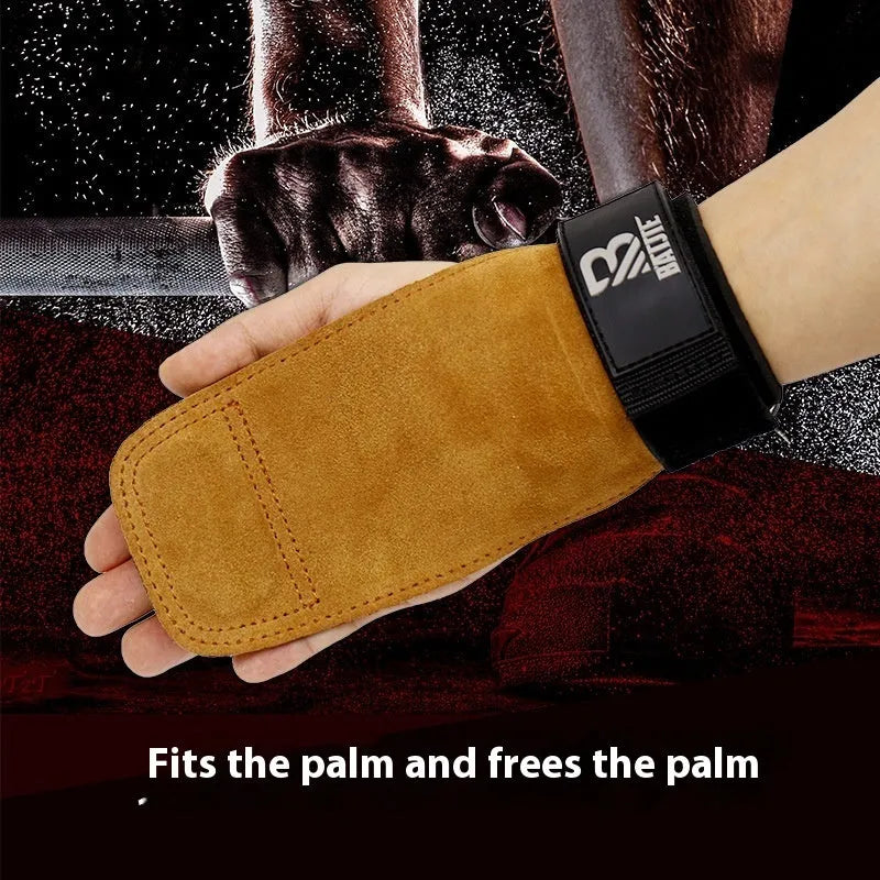 A pair of brown fitness wrist protector bands for grip strength and pull-up support.