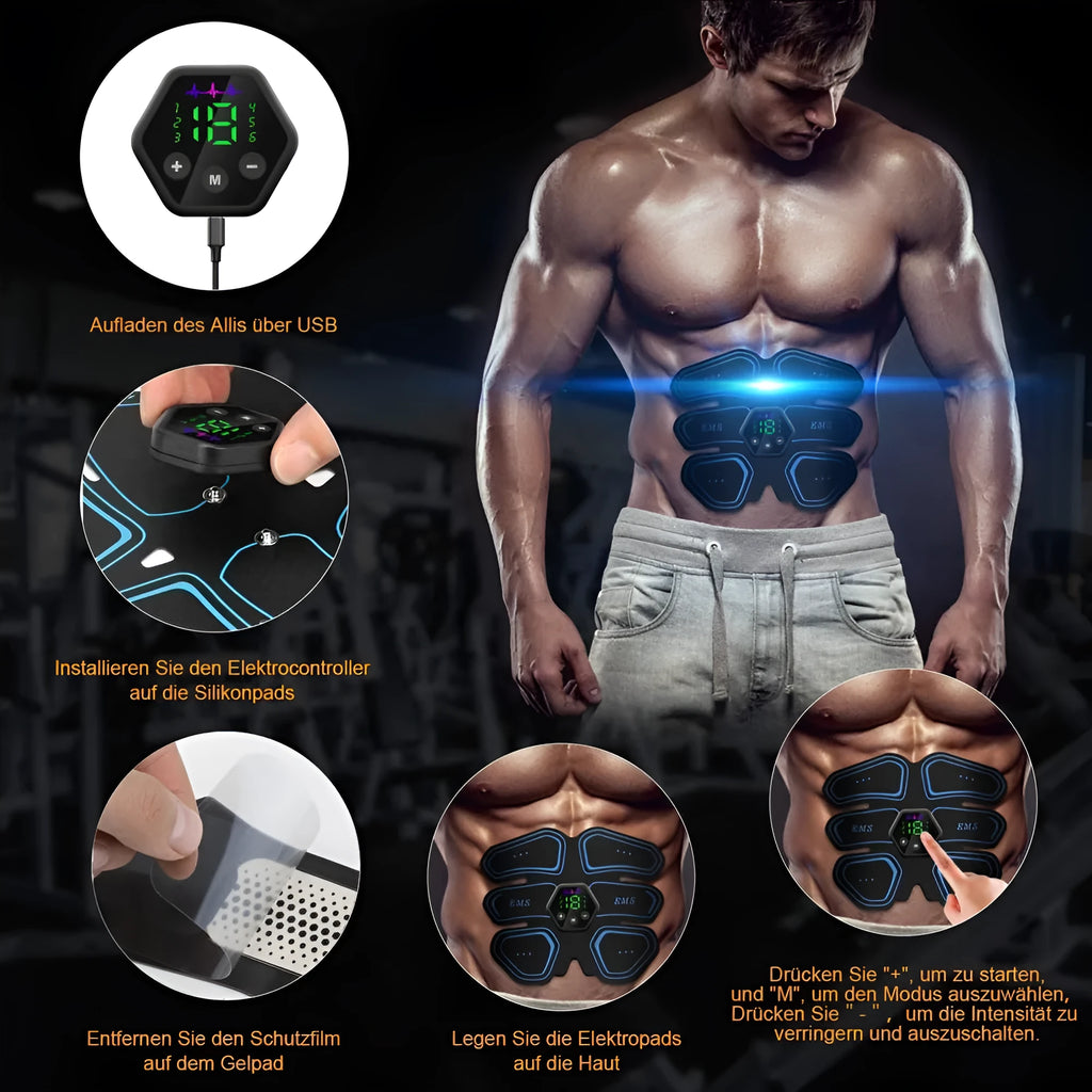 EMS abdominal muscle patch with digital display, 25cm x 19cm x 3.5cm, red black and blue, USB powered