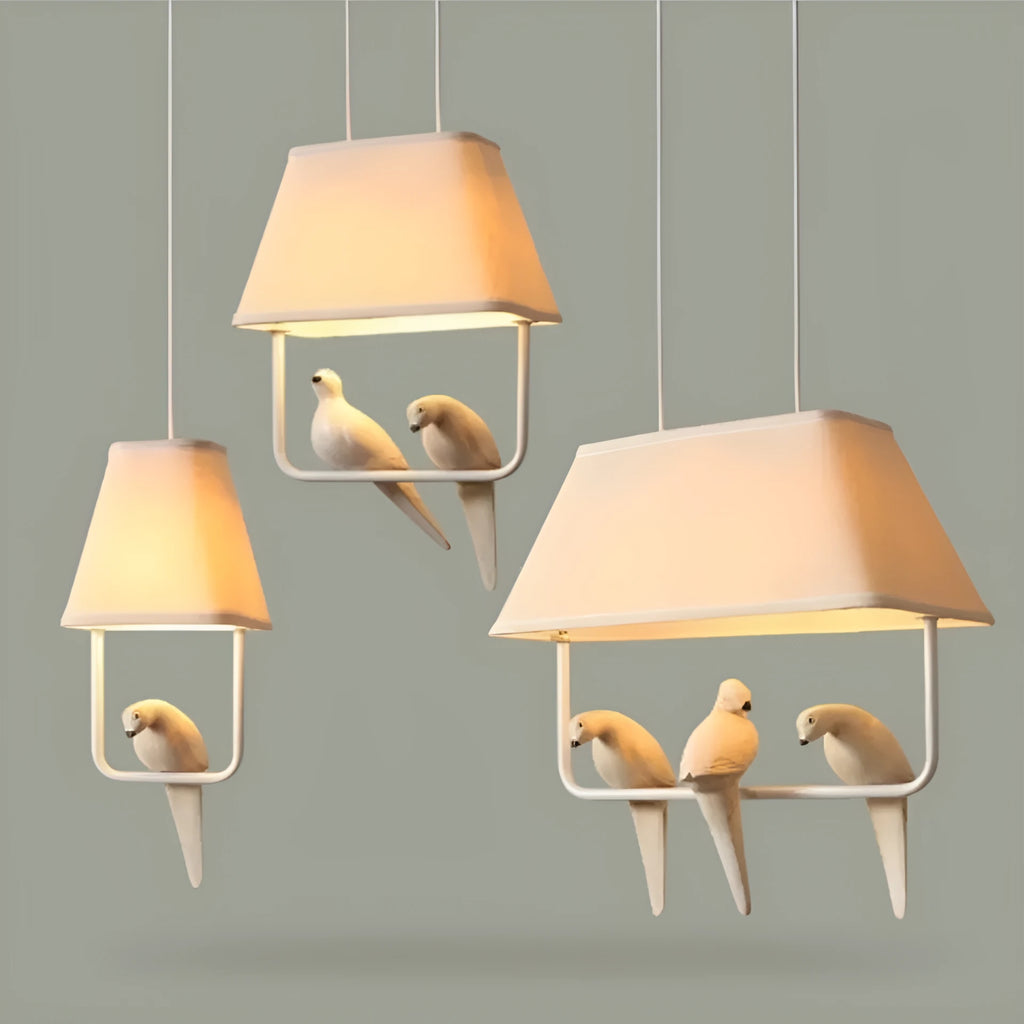 Bird chandelier ceiling lamp with fabric shade and iron frame in multiple head configurations