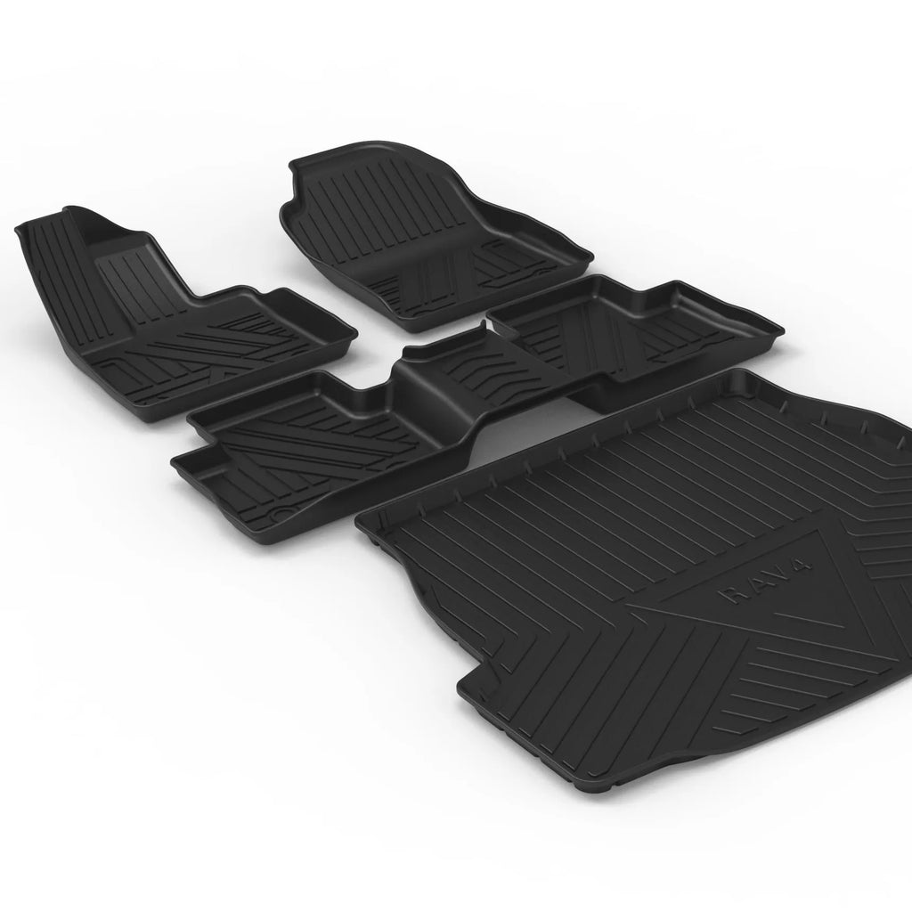 Black TPE car boot liner with carbon fibre pattern texture lying flat.