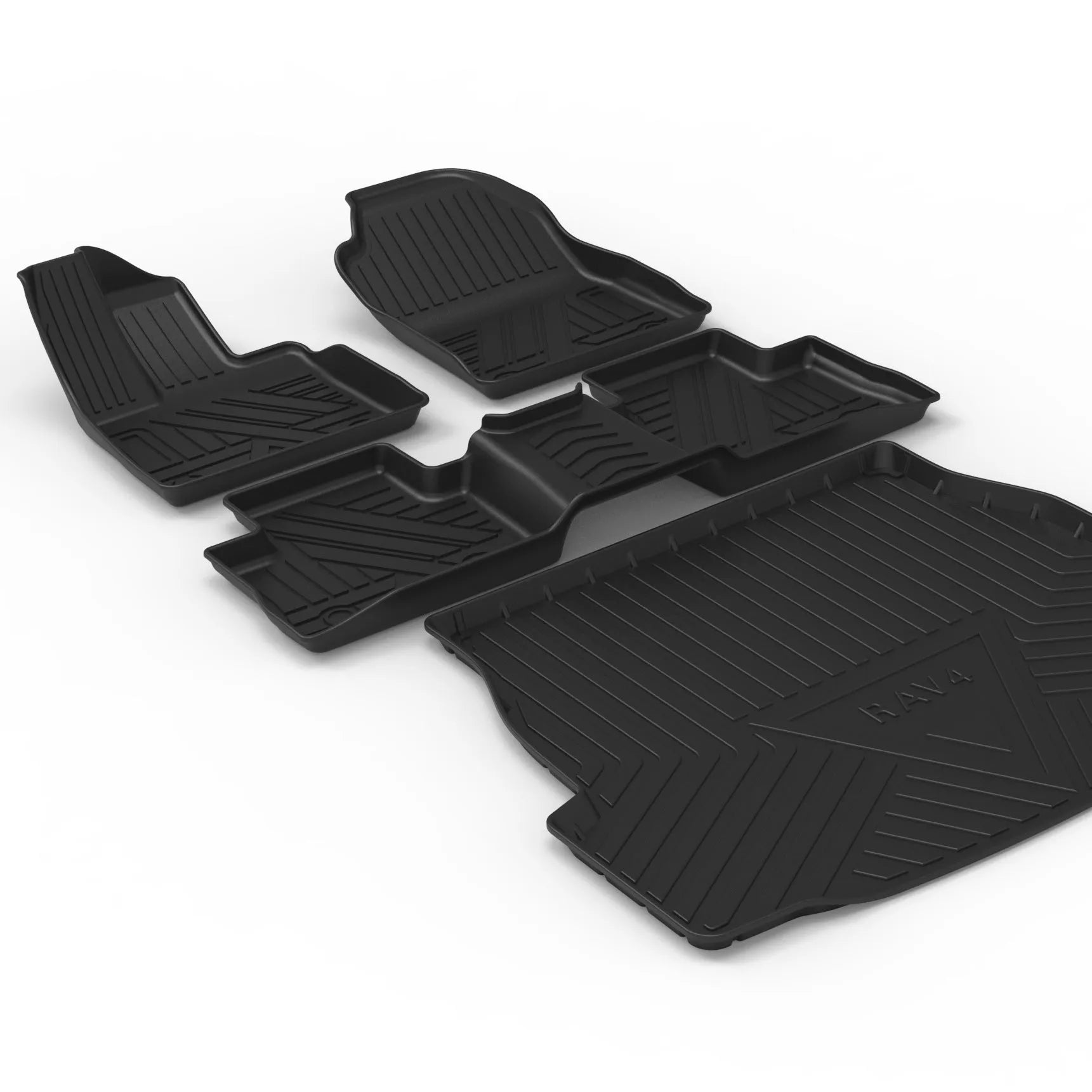 Black TPE car boot liner with carbon fibre pattern texture lying flat.