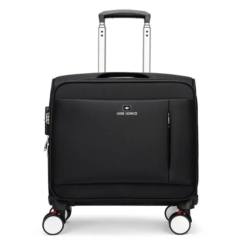 Black 18 inch Oxford cloth carry-on suitcase with retractable draw bar and universal wheels.