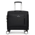Black 18 inch Oxford cloth carry-on suitcase with retractable draw bar and universal wheels.