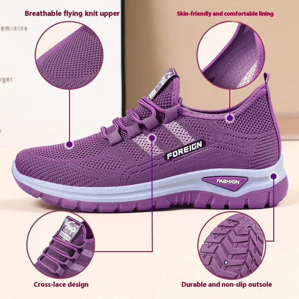 Breathable mesh casual shoes in black, grey, purple, and red colours with flat PVC sole