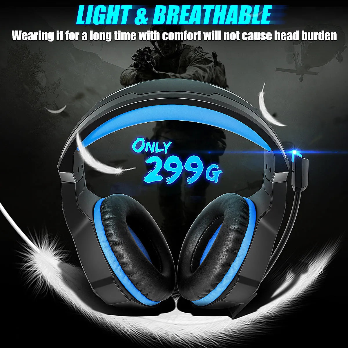 Luminous Gaming Headset with microphone, RGB lighting on ear cups, in black with blue accents.