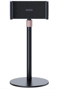 Black adjustable desk bracket holding a tablet, showing its telescopic metal arm extended.