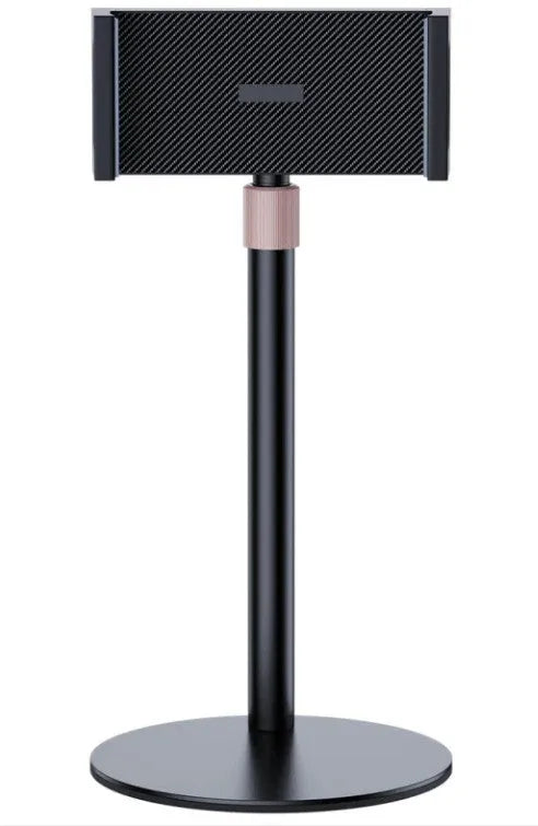 Black adjustable desk bracket holding a tablet, showing its telescopic metal arm extended.