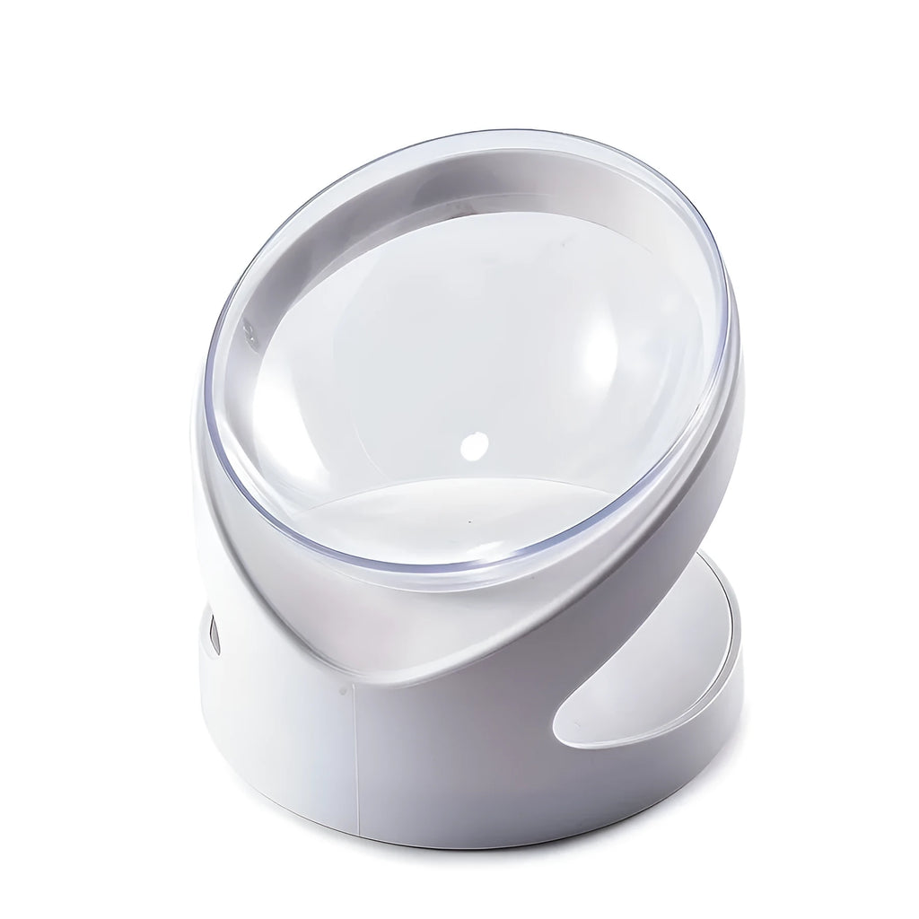 White elevated plastic cat feeder bowl with a tilted design for anti-vomit feeding.