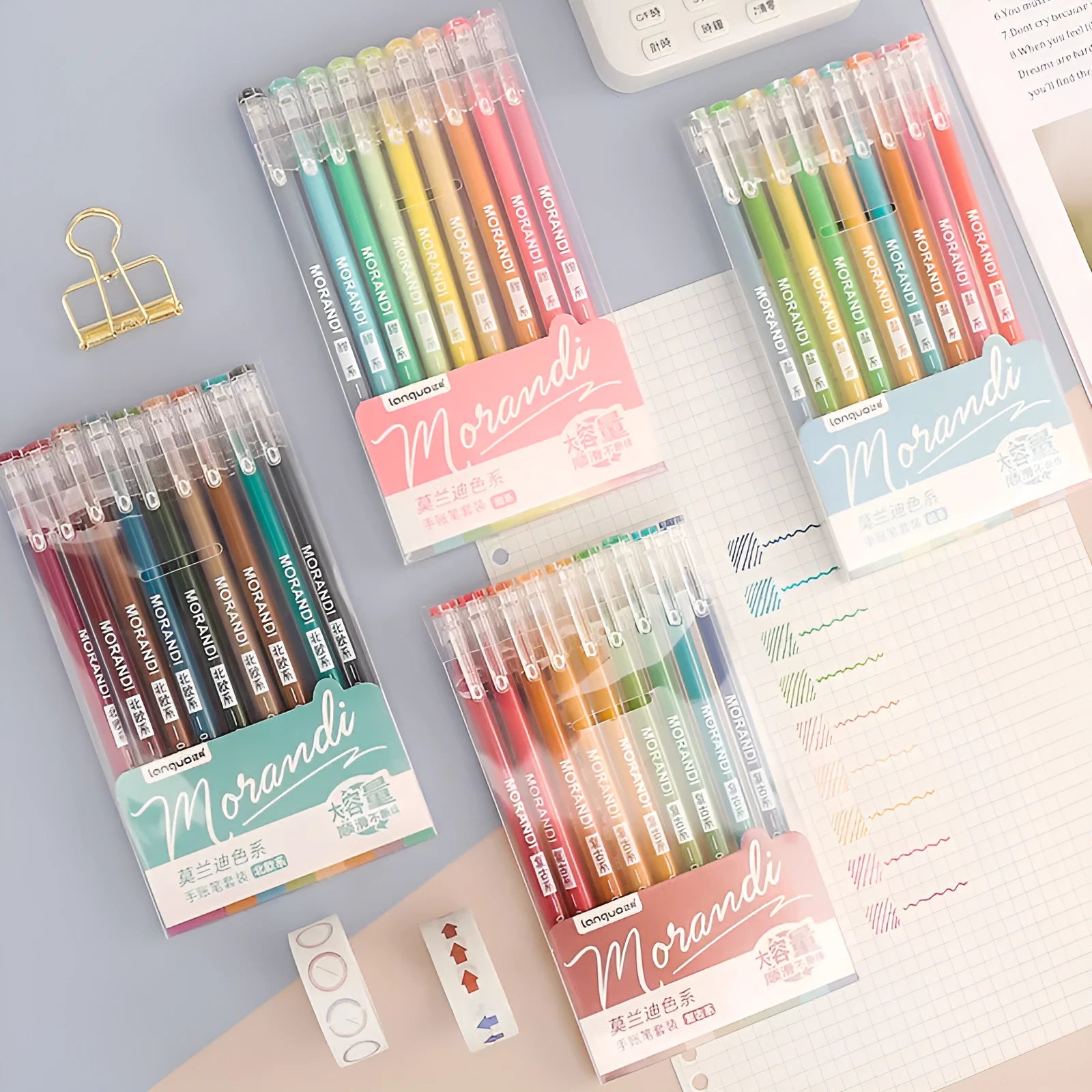 Set of nine plastic gel pens with 0.5mm needle tips in a choice of Japanese-inspired colour themes.