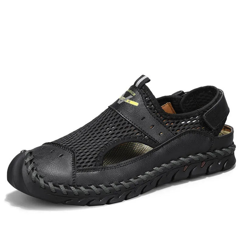 Men's brown genuine leather mesh breathable low-top shoes with elastic band and round toe