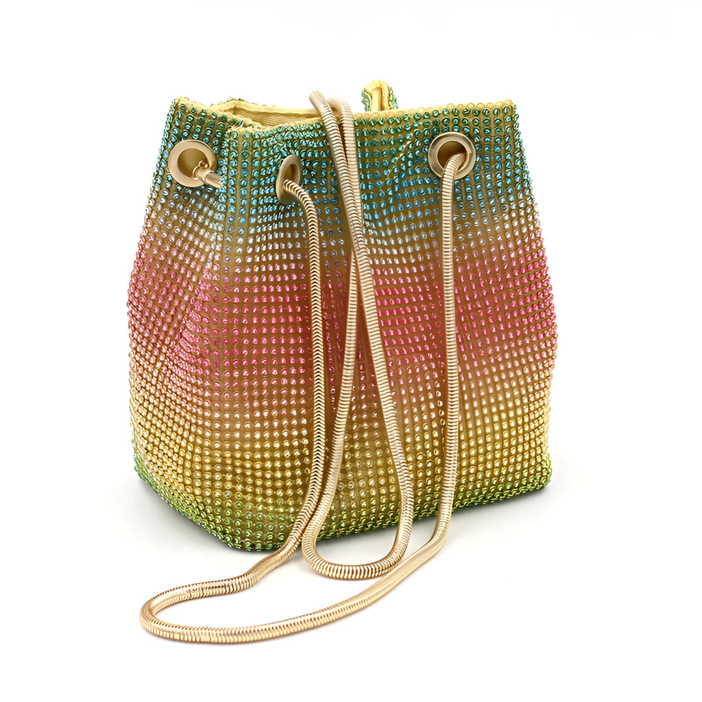 Colourful rainbow rhinestone bucket bag with a single shoulder strap.