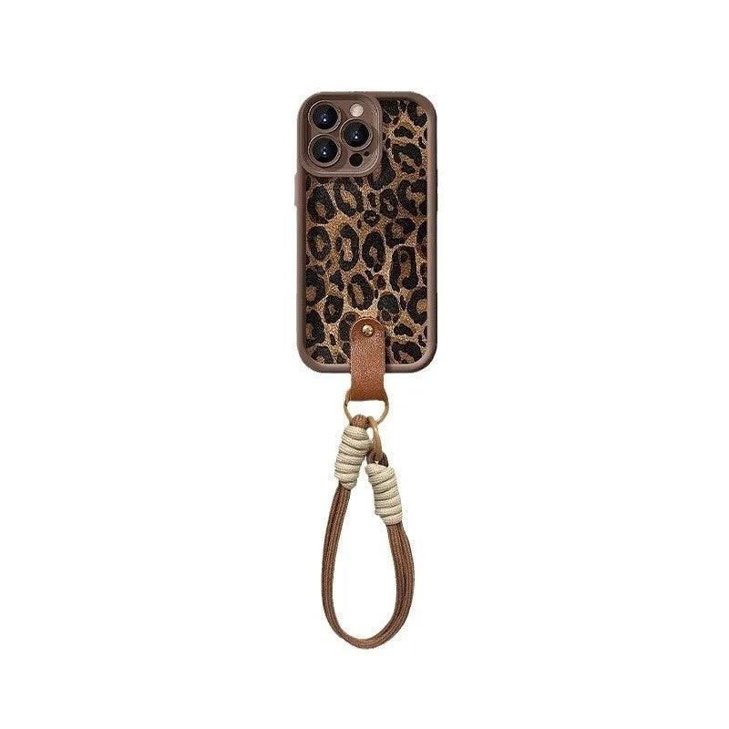 Brown leopard print silicone phone case with a detachable lanyard for an iPhone.