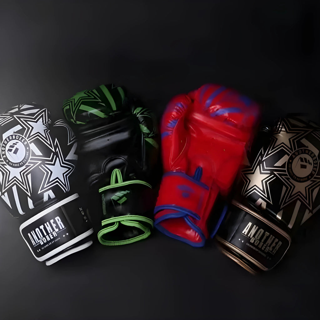 A pair of children's boxing Sanda gloves in a choice of gold, red, white, green, or lake blue, shown in a vertical style.