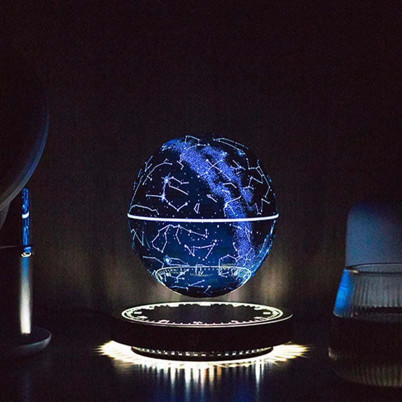 Black maglev moon lamp floating star ball shape on USB-powered base, modern minimalist bedside light