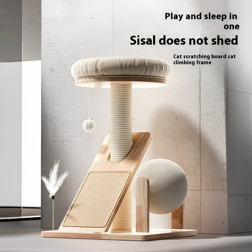Jute-coloured cat climbing frame with sisal rope scratching surface and climbing structure