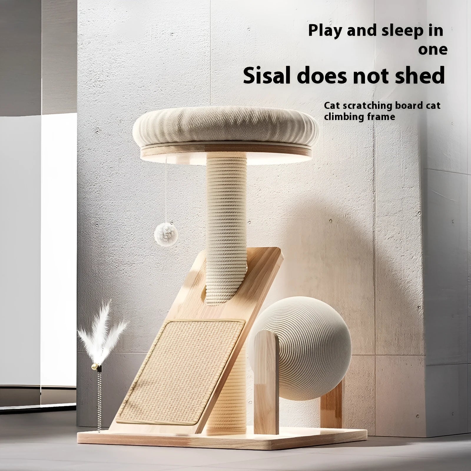 Jute-coloured cat climbing frame with sisal rope scratching surface and climbing structure