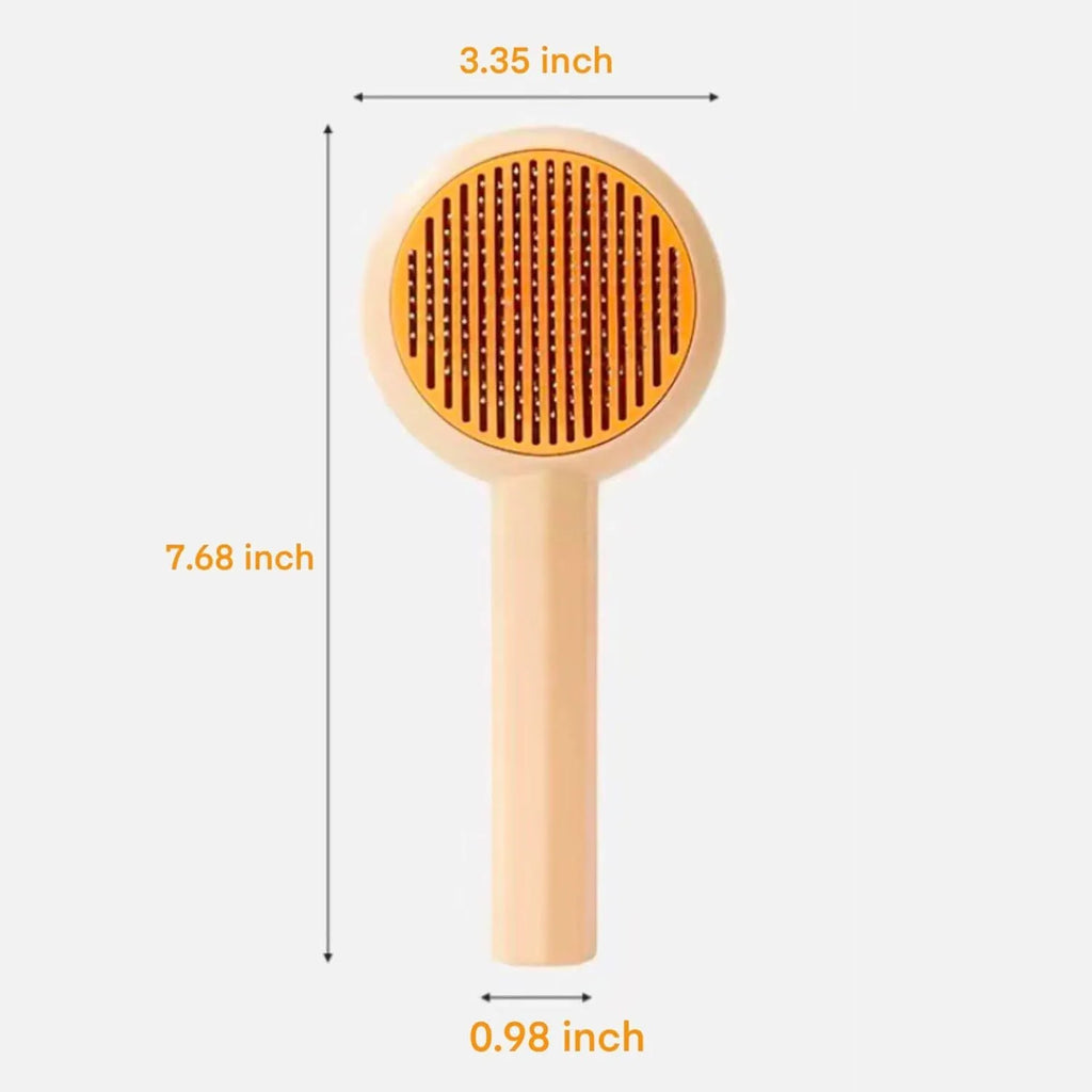 Blue and yellow pet grooming brush with angled metal needles and a self-cleaning button on the handle.