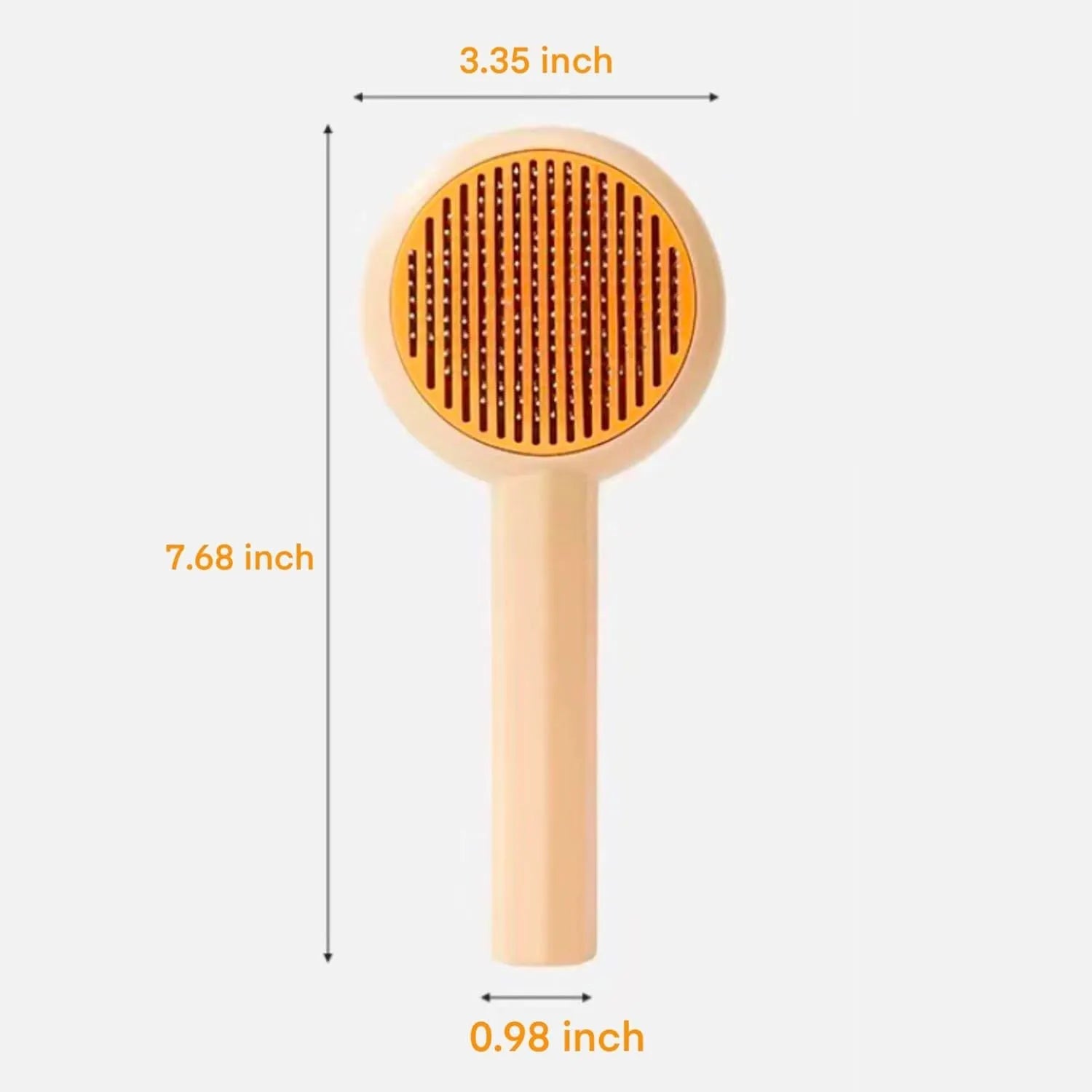 Blue and yellow pet grooming brush with angled metal needles and a self-cleaning button on the handle.