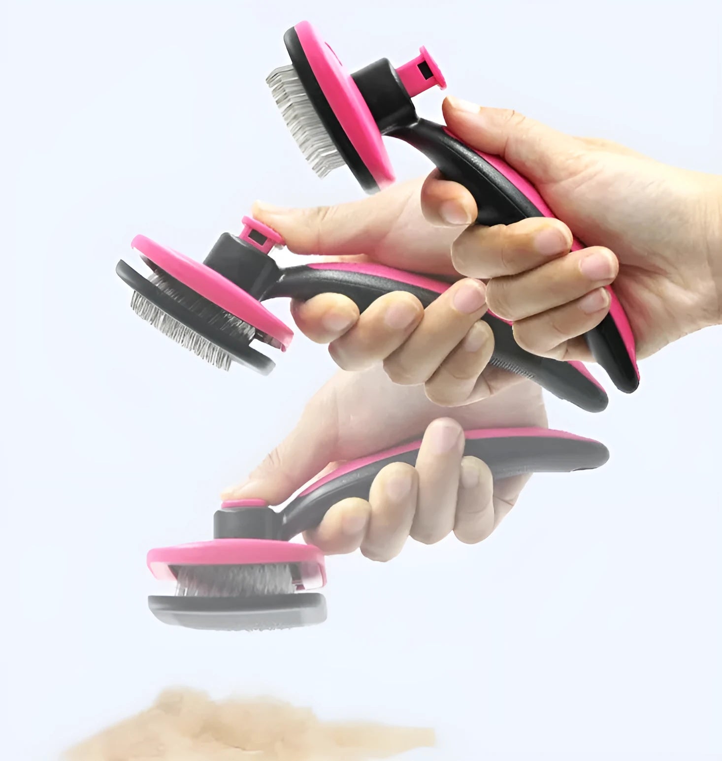 Rose red self-cleaning pet comb with stainless steel teeth and ergonomic handle for removing dog and cat hair