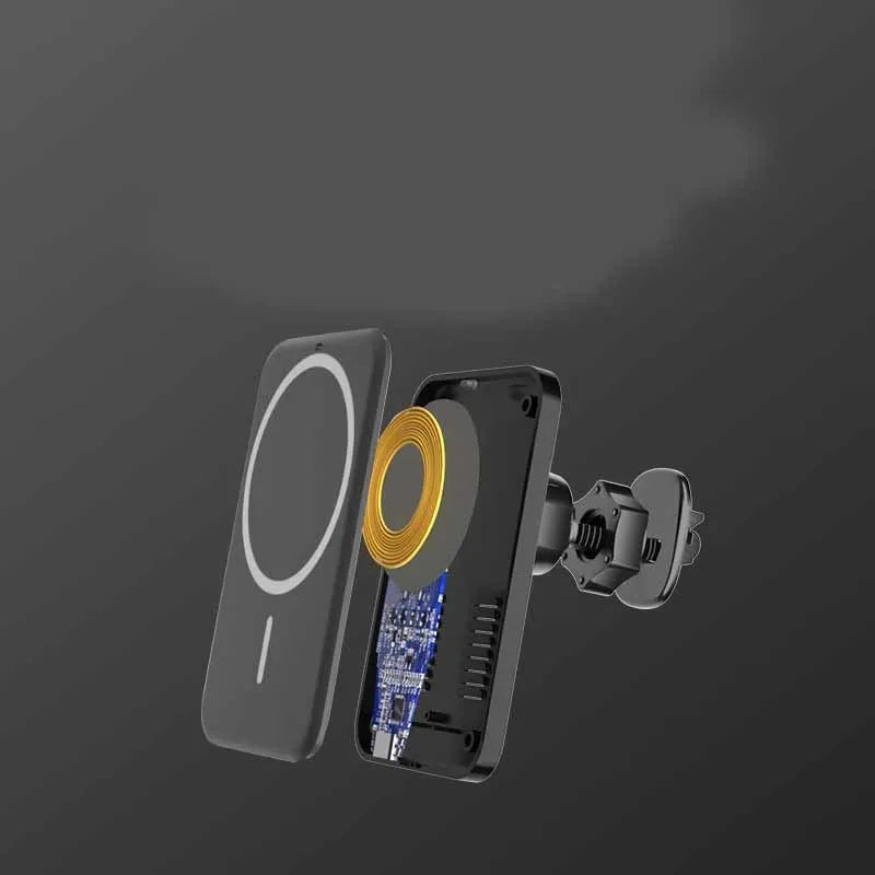 Black car magnetic wireless charger bracket mounted on car vent with phone attached