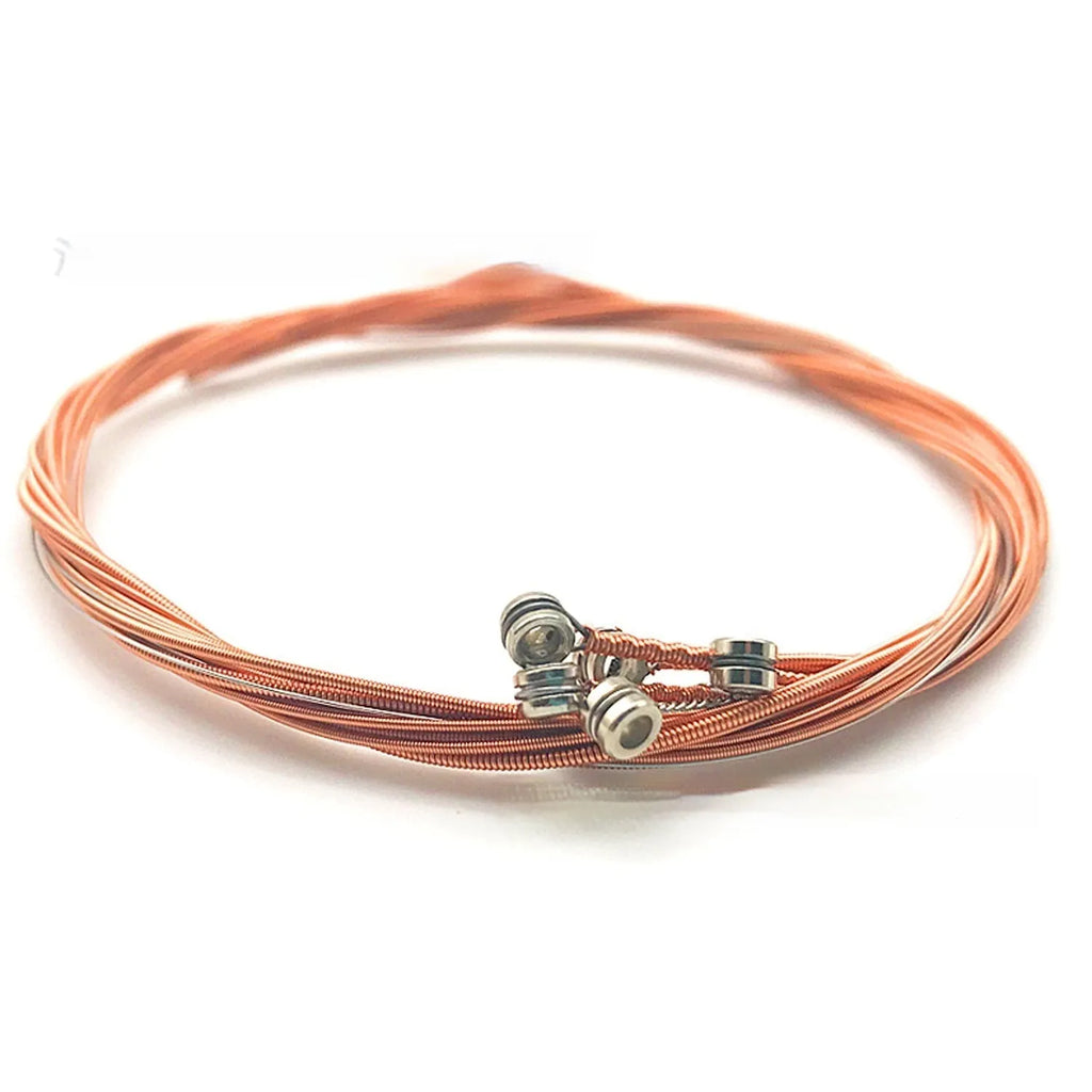 Set of six metal guitar strings with red copper, brass, and colour coatings in rust-proof finish