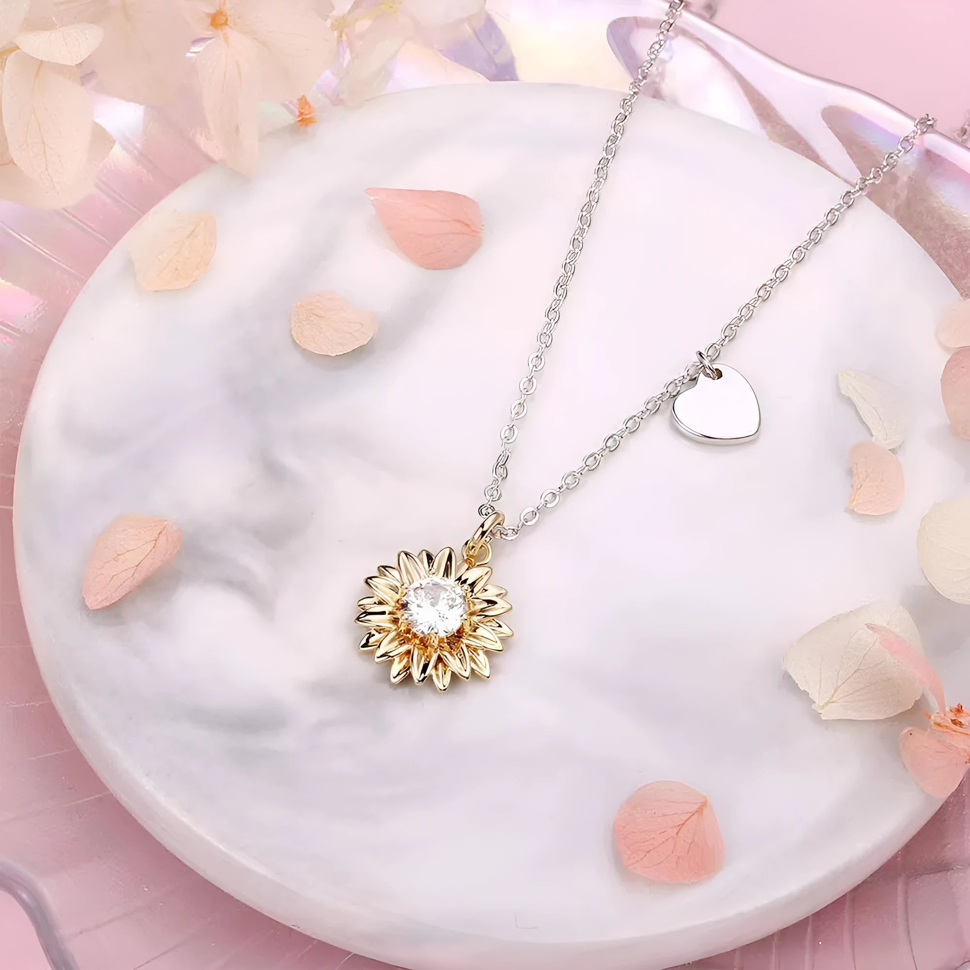 Women's 925 silver sunflower love pendant necklace with geometric daisy details on an adjustable cross chain.