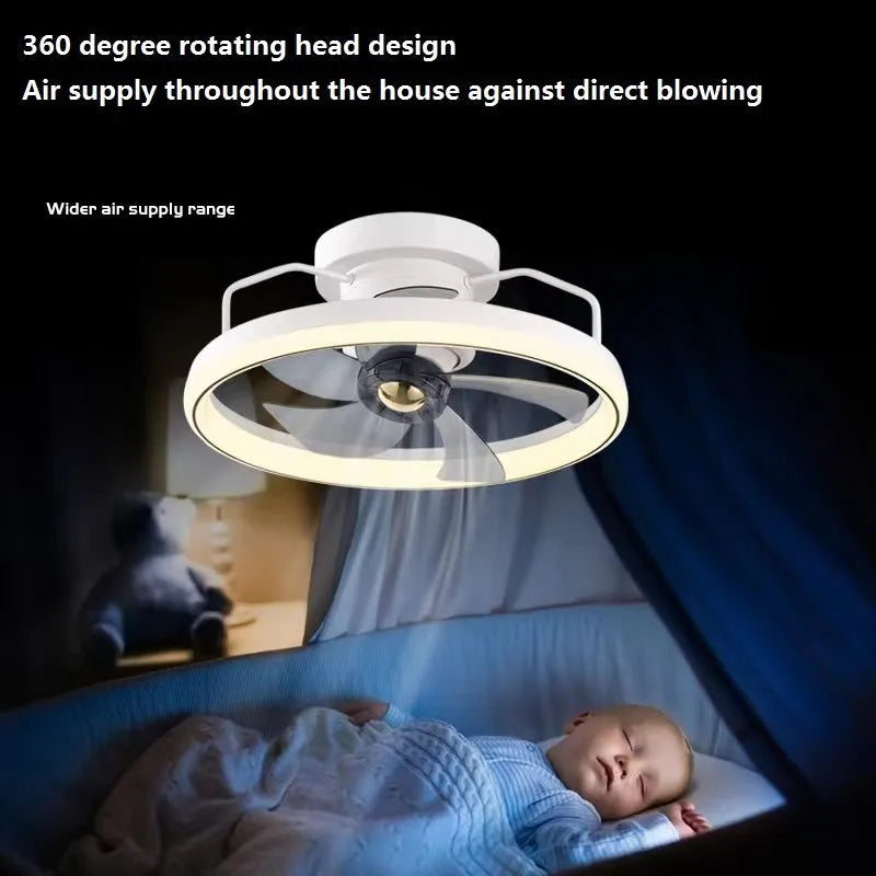 Modern white ceiling fan with integrated light and five blades, shown installed on a ceiling.
