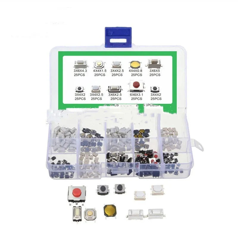 Box of 250 surface-mount push-button tactile switches for industrial electronics projects