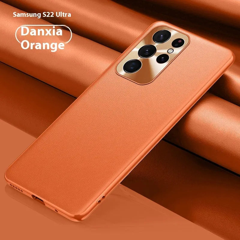 Plain leather texture TPU phone case with metal lens patch for Samsung Galaxy, Athens Black colour