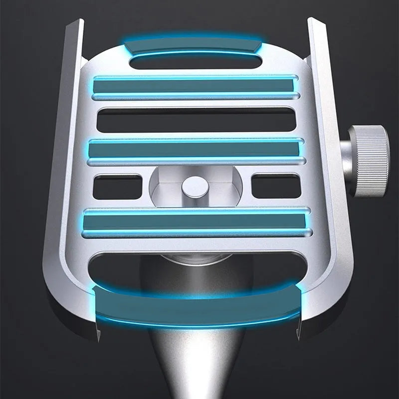 Aluminum alloy motorcycle phone holder with double adjustment on handlebar mount