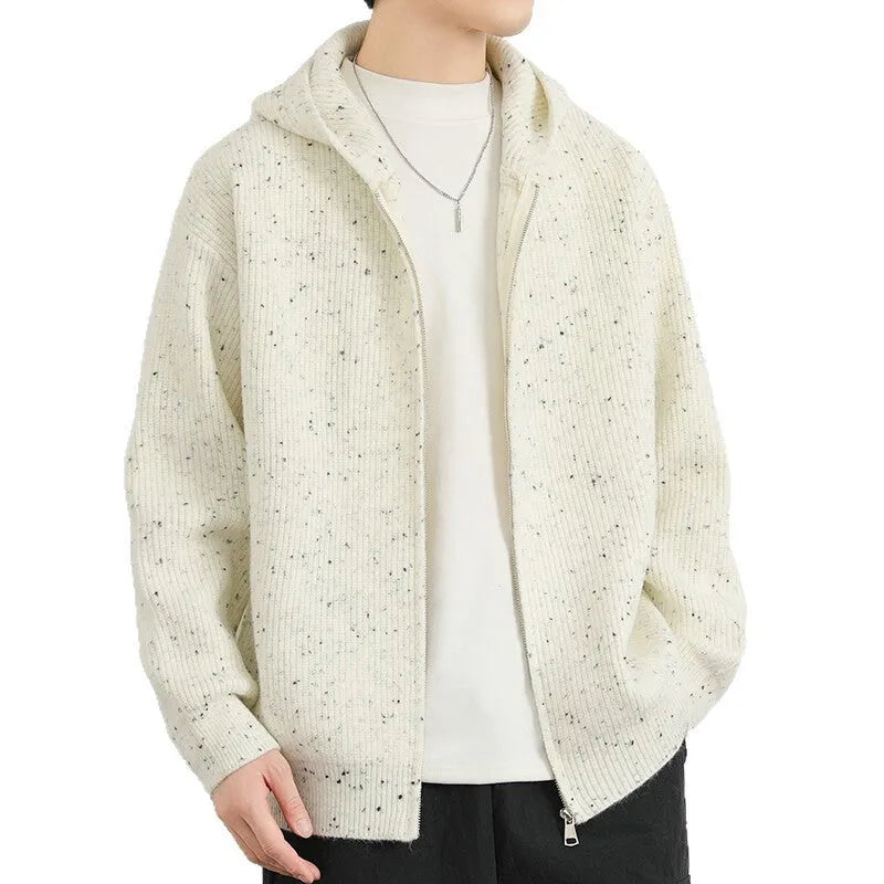 Hooded thickened cardigan sweater in apricot, loose fit, front view, for youth