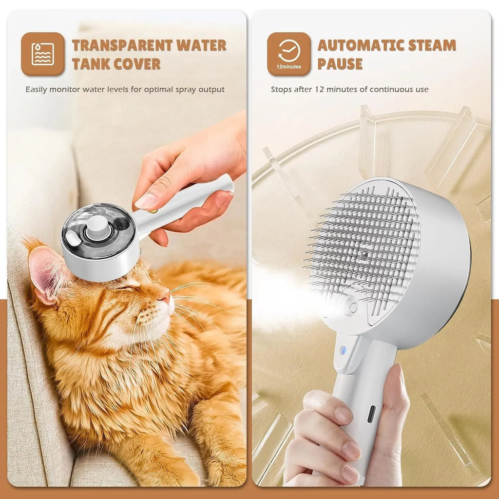 Pink and white cat grooming brush with water tank, stainless steel bristles, and mist spray function